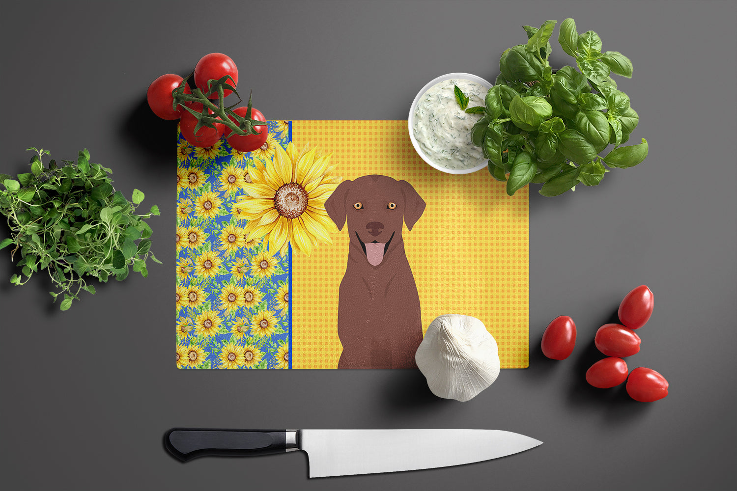 Summer Sunflowers Chocolate Labrador Retriever Cutting Board Tempered Glass Kitchen Cutting Surface, Heat Resistant Chopping, Non-Slip Feet, Food Prep & Serving