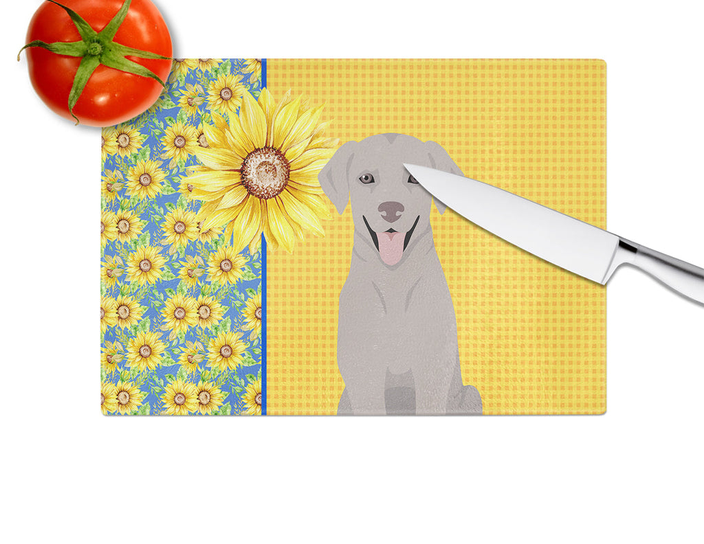 Summer Sunflowers Gray Labrador Retriever Cutting Board Tempered Glass Kitchen Cutting Surface, Heat Resistant Chopping, Non-Slip Feet, Food Prep & Serving