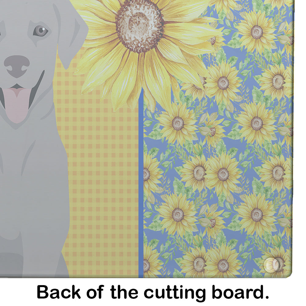 Summer Sunflowers Gray Labrador Retriever Cutting Board Tempered Glass Kitchen Cutting Surface, Heat Resistant Chopping, Non-Slip Feet, Food Prep & Serving