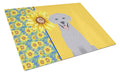 Summer Sunflowers Silver Labrador Retriever Cutting Board Tempered Glass Kitchen Cutting Surface, Heat Resistant Chopping, Non-Slip Feet, Food Prep & Serving