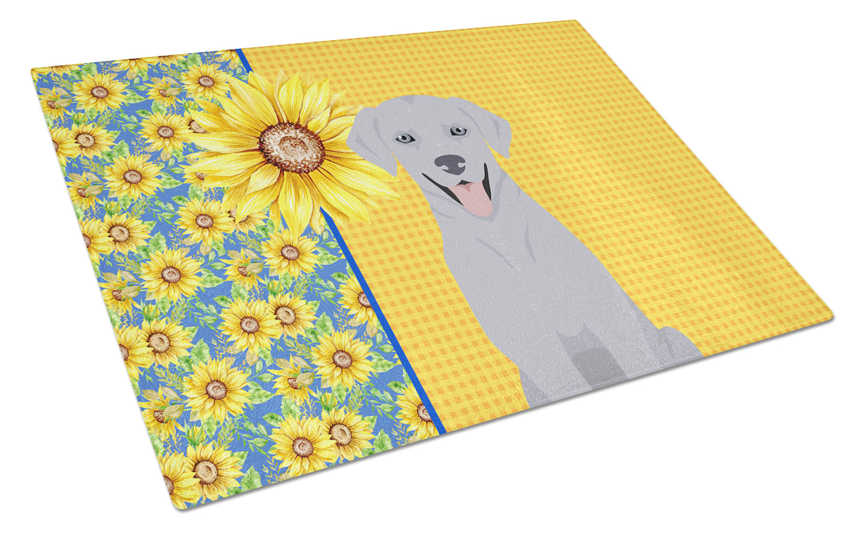 Summer Sunflowers Silver Labrador Retriever Cutting Board Tempered Glass Kitchen Cutting Surface, Heat Resistant Chopping, Non-Slip Feet, Food Prep & Serving