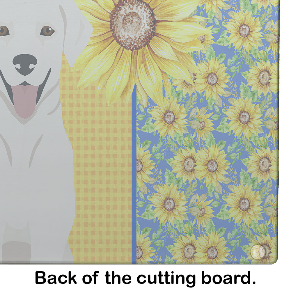 Summer Sunflowers White Cream Labrador Retriever Cutting Board Tempered Glass Kitchen Cutting Surface, Heat Resistant Chopping, Non-Slip Feet, Food Prep & Serving
