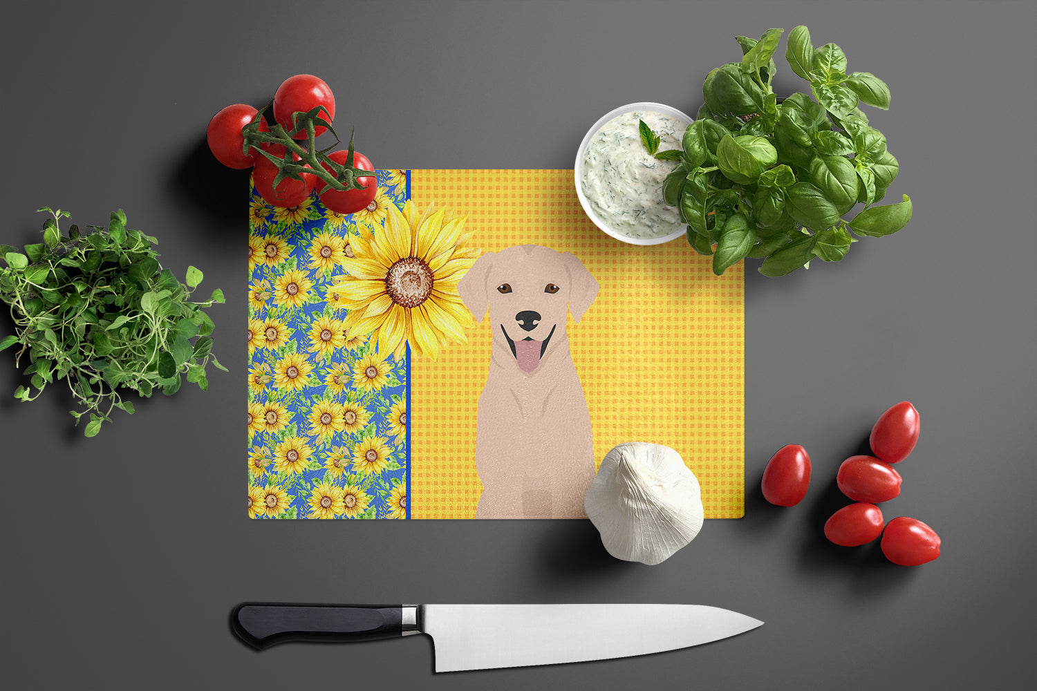 Summer Sunflowers Yellow Labrador Retriever Cutting Board Tempered Glass Kitchen Cutting Surface, Heat Resistant Chopping, Non-Slip Feet, Food Prep & Serving