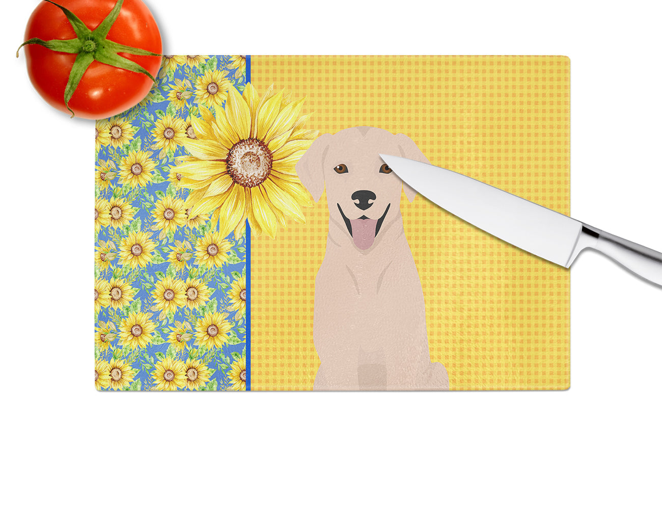 Summer Sunflowers Yellow Labrador Retriever Cutting Board Tempered Glass Kitchen Cutting Surface, Heat Resistant Chopping, Non-Slip Feet, Food Prep & Serving