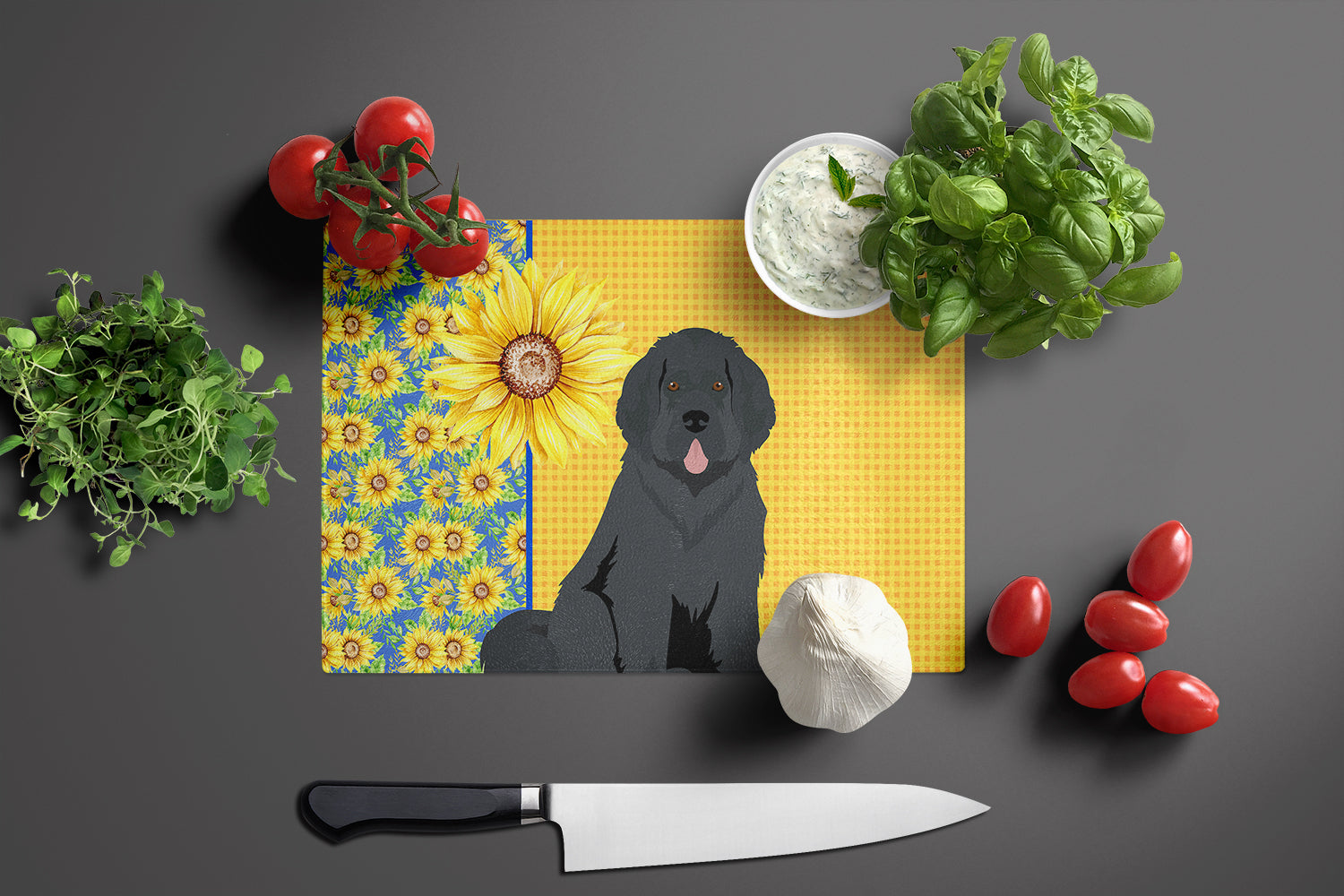 Summer Sunflowers Black Newfoundland Cutting Board Tempered Glass Kitchen Cutting Surface, Heat Resistant Chopping, Non-Slip Feet, Food Prep & Serving