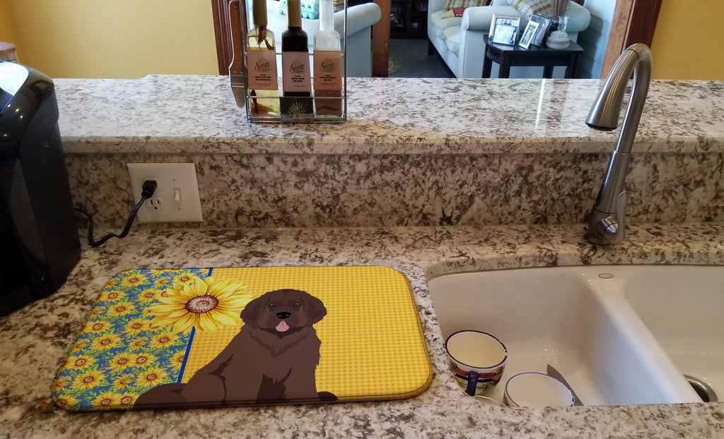 Summer Sunflowers Brown Newfoundland Dish Drying Mat Absorbent Dish Drying Mat Pad for Kitchen Counter Dish Drainer Mat for Countertop, 14 x 21", Multicolor
