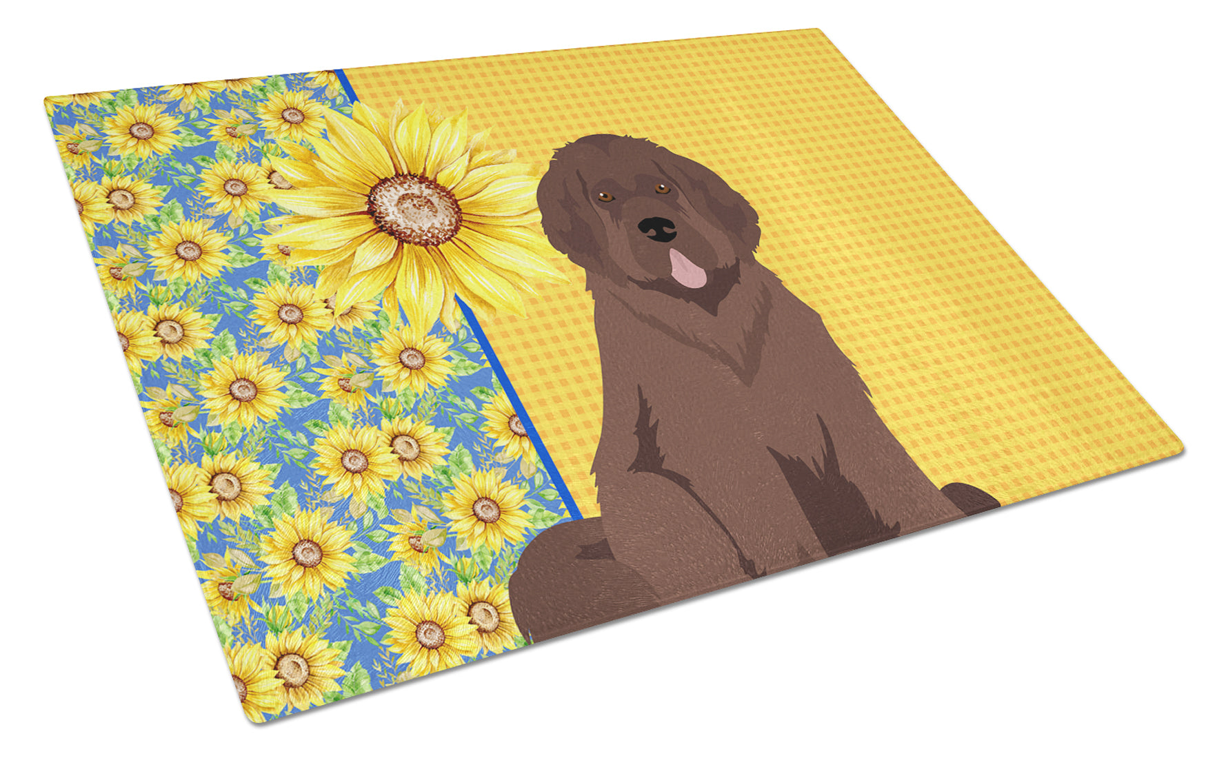 Summer Sunflowers Brown Newfoundland Cutting Board Tempered Glass Kitchen Cutting Surface, Heat Resistant Chopping, Non-Slip Feet, Food Prep & Serving