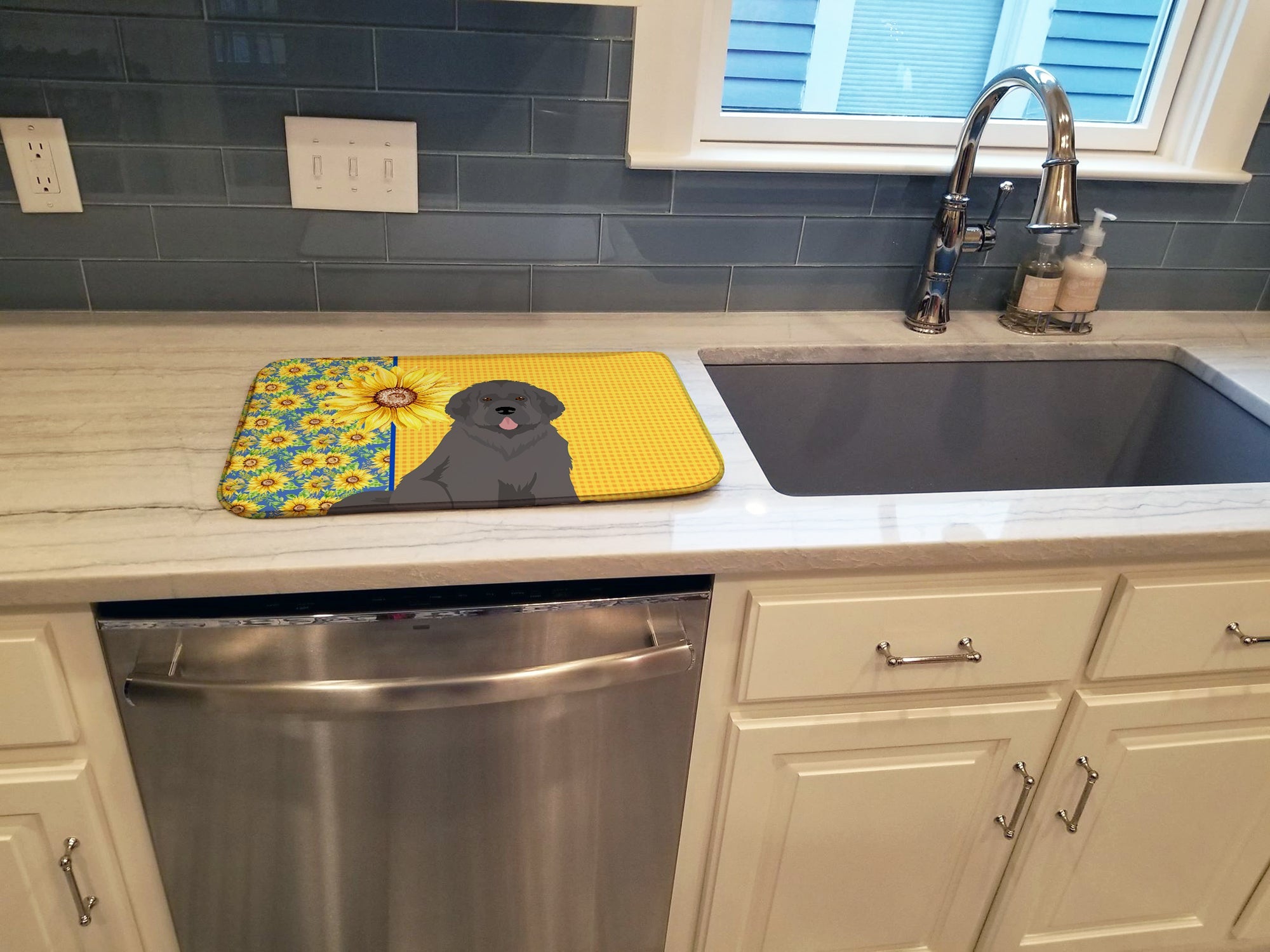 Summer Sunflowers Grey Newfoundland Dish Drying Mat Absorbent Dish Drying Mat Pad for Kitchen Counter Dish Drainer Mat for Countertop, 14 x 21", Multicolor
