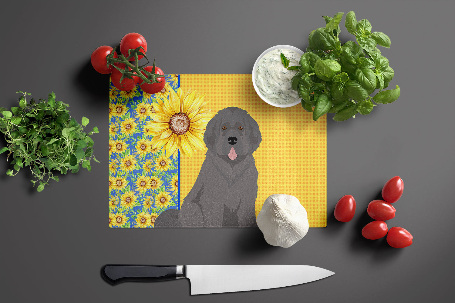 Summer Sunflowers Grey Newfoundland Cutting Board Tempered Glass Kitchen Cutting Surface, Heat Resistant Chopping, Non-Slip Feet, Food Prep & Serving