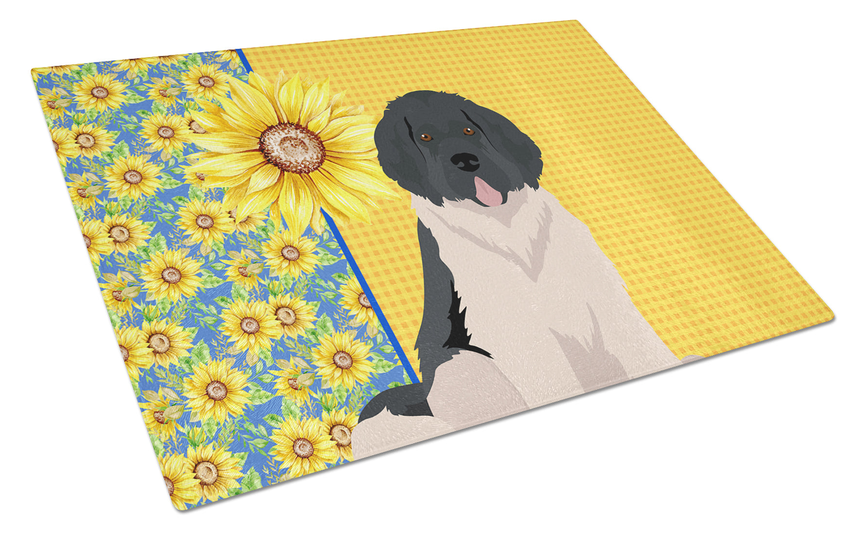 Summer Sunflowers Landseer Newfoundland Cutting Board Tempered Glass Kitchen Cutting Surface, Heat Resistant Chopping, Non-Slip Feet, Food Prep & Serving