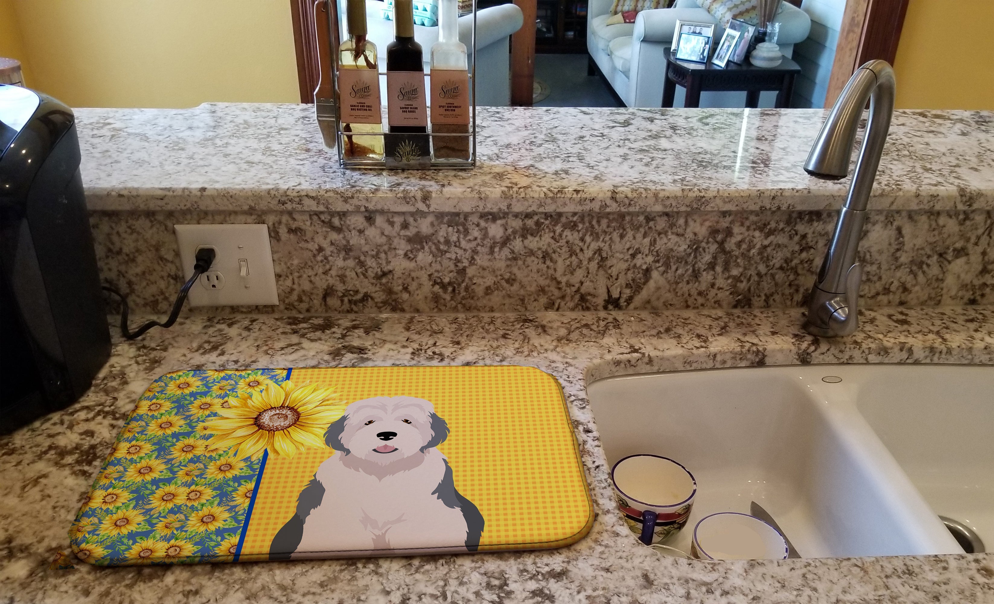 Summer Sunflowers Old English Sheepdog Dish Drying Mat Absorbent Dish Drying Mat Pad for Kitchen Counter Dish Drainer Mat for Countertop, 14 x 21", Multicolor