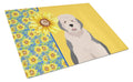 Summer Sunflowers Old English Sheepdog Cutting Board Tempered Glass Kitchen Cutting Surface, Heat Resistant Chopping, Non-Slip Feet, Food Prep & Serving