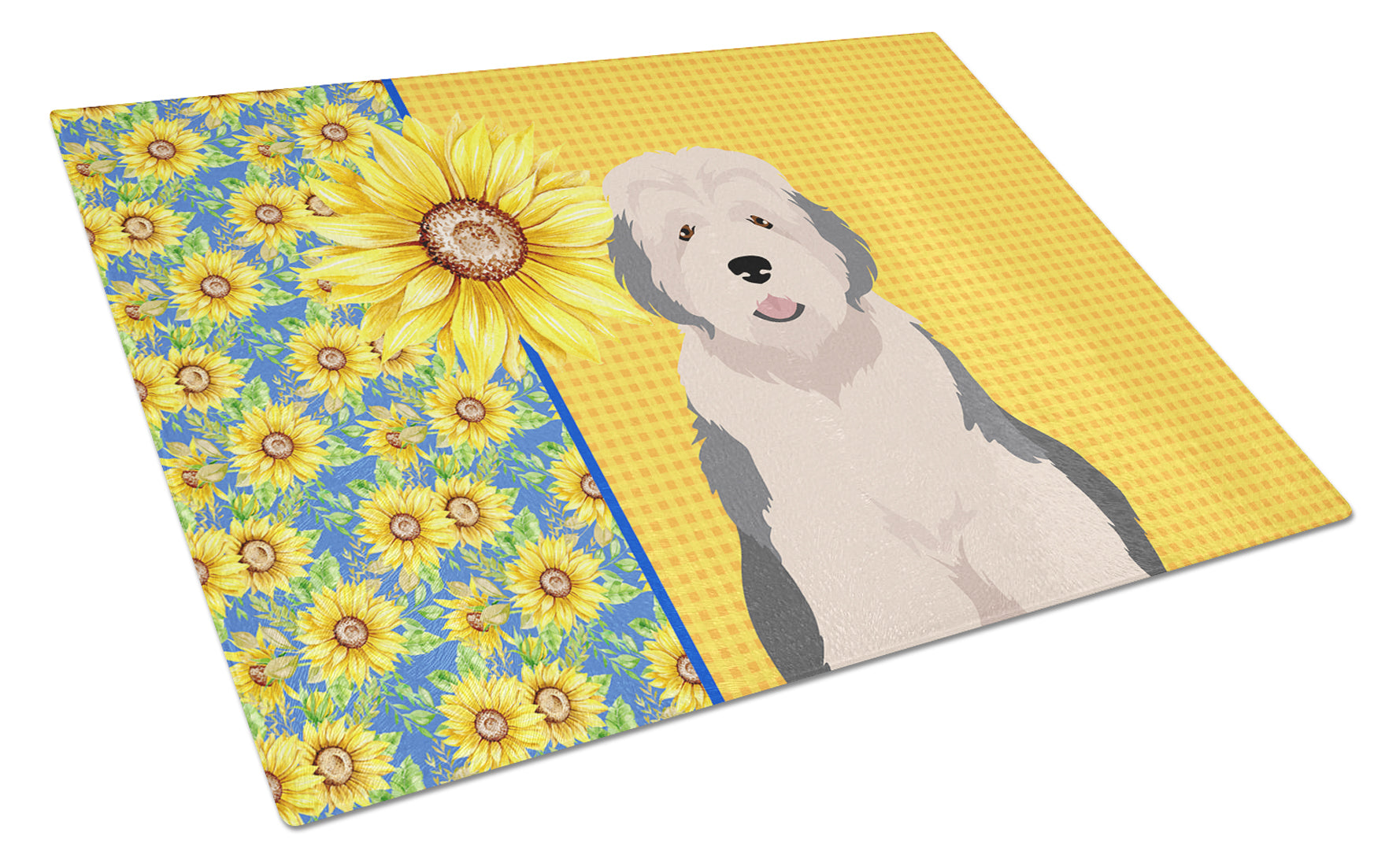 Summer Sunflowers Old English Sheepdog Cutting Board Tempered Glass Kitchen Cutting Surface, Heat Resistant Chopping, Non-Slip Feet, Food Prep & Serving