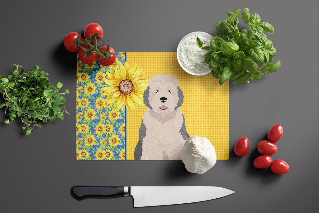 Summer Sunflowers Old English Sheepdog Cutting Board Tempered Glass Kitchen Cutting Surface, Heat Resistant Chopping, Non-Slip Feet, Food Prep & Serving