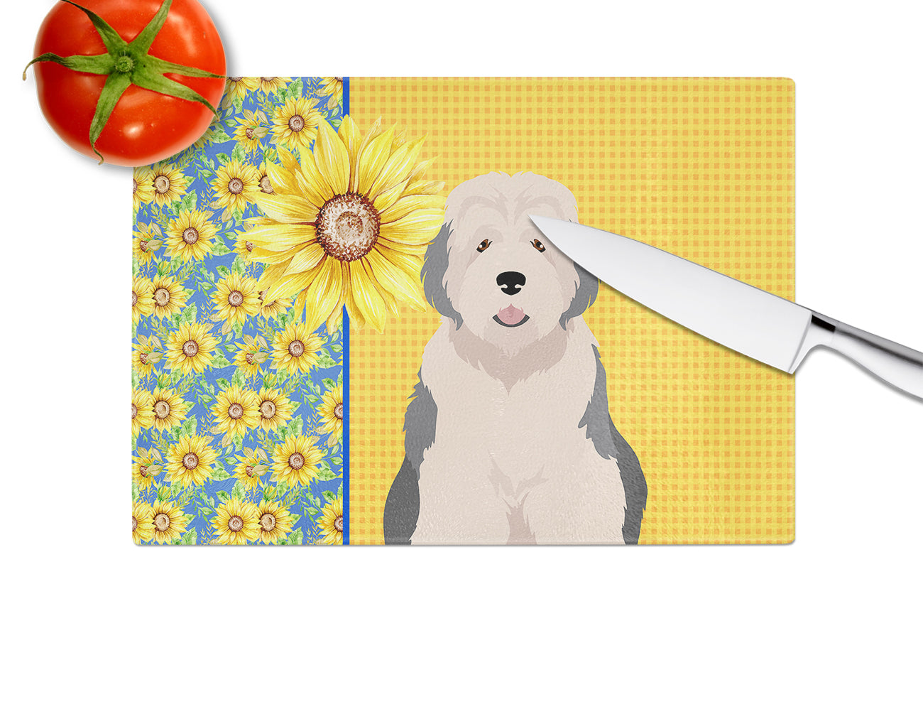 Summer Sunflowers Old English Sheepdog Cutting Board Tempered Glass Kitchen Cutting Surface, Heat Resistant Chopping, Non-Slip Feet, Food Prep & Serving
