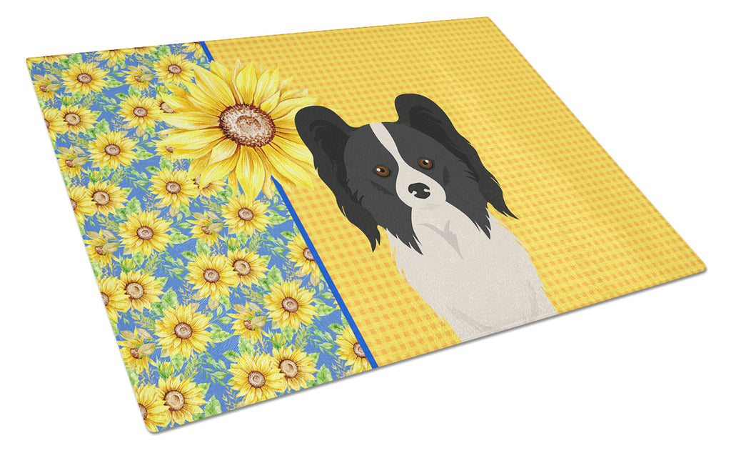 Summer Sunflowers Black and White Papillon Cutting Board Tempered Glass Kitchen Cutting Surface, Heat Resistant Chopping, Non-Slip Feet, Food Prep & Serving