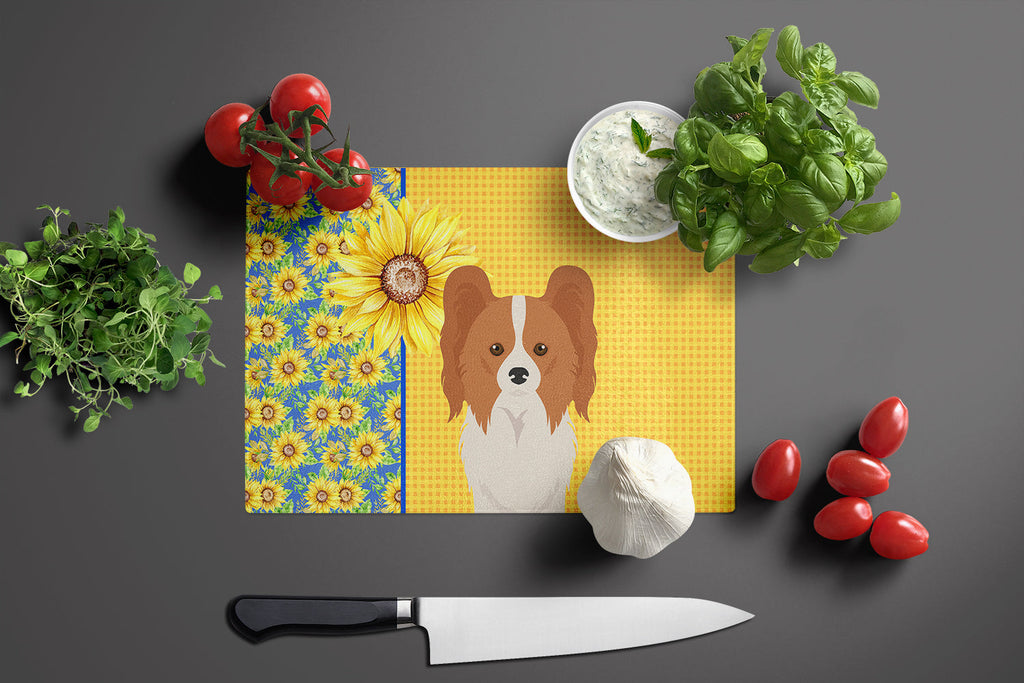 Summer Sunflowers Red and White Papillon Cutting Board Tempered Glass Kitchen Cutting Surface, Heat Resistant Chopping, Non-Slip Feet, Food Prep & Serving