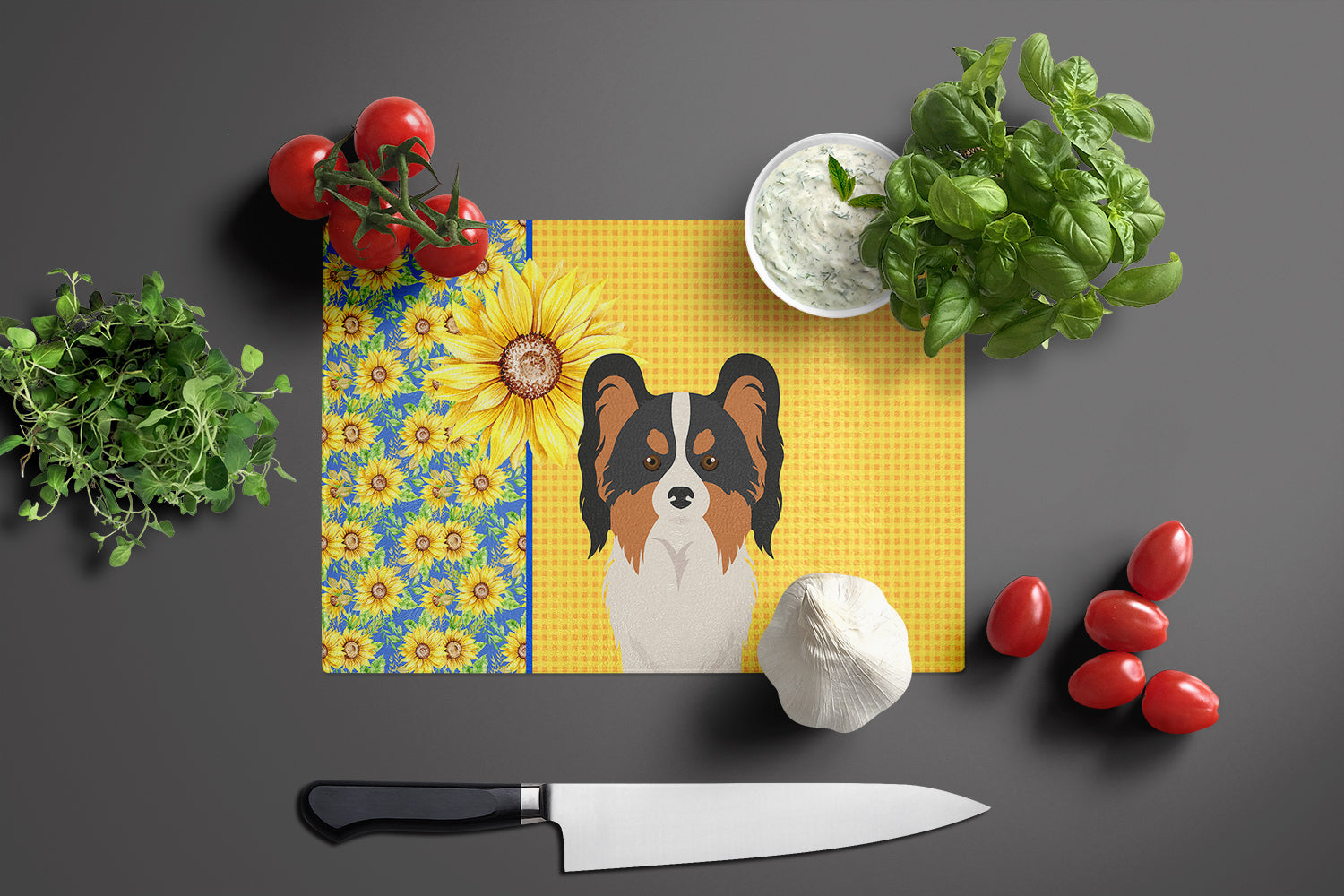 Summer Sunflowers Tricolor Papillon Cutting Board Tempered Glass Kitchen Cutting Surface, Heat Resistant Chopping, Non-Slip Feet, Food Prep & Serving