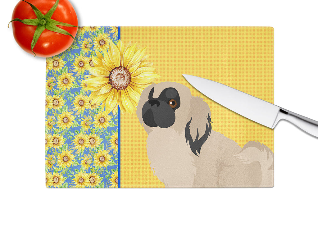Summer Sunflowers Cream Pekingese Cutting Board Tempered Glass Kitchen Cutting Surface, Heat Resistant Chopping, Non-Slip Feet, Food Prep & Serving