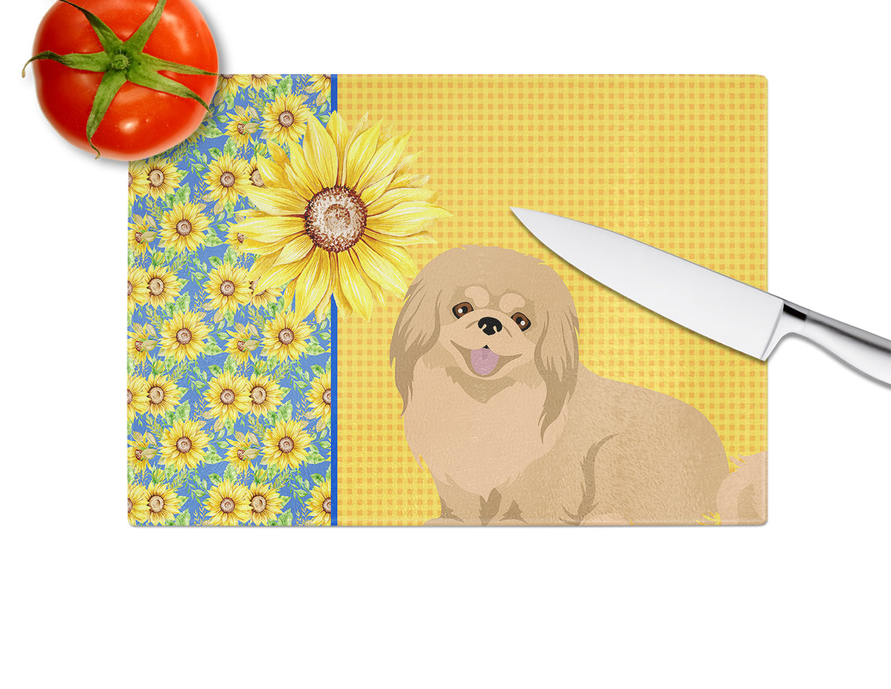 Summer Sunflowers Gold Pekingese Cutting Board Tempered Glass Kitchen Cutting Surface, Heat Resistant Chopping, Non-Slip Feet, Food Prep & Serving