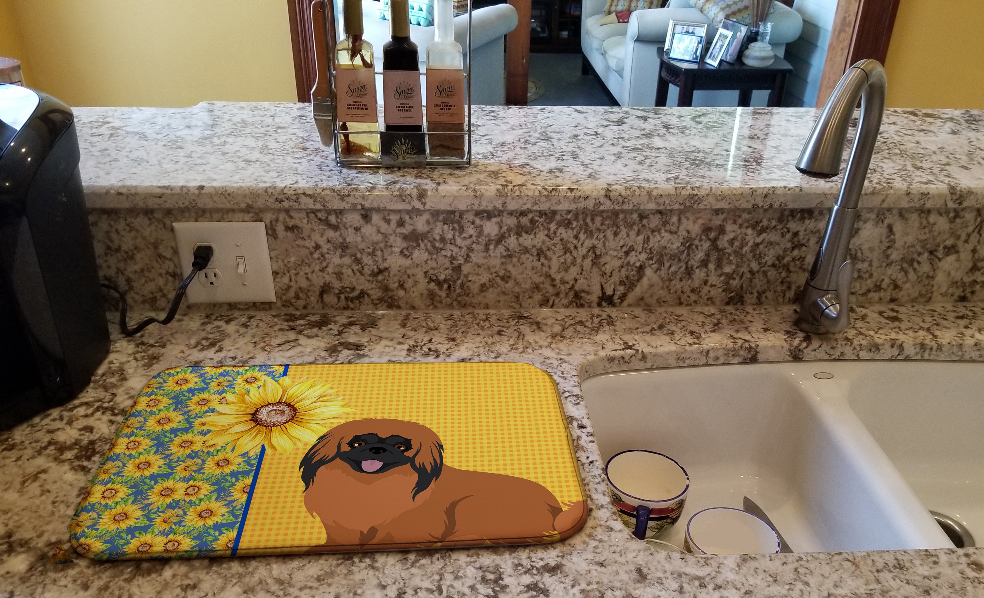 Summer Sunflowers Red Pekingese Dish Drying Mat Absorbent Dish Drying Mat Pad for Kitchen Counter Dish Drainer Mat for Countertop, 14 x 21", Multicolor