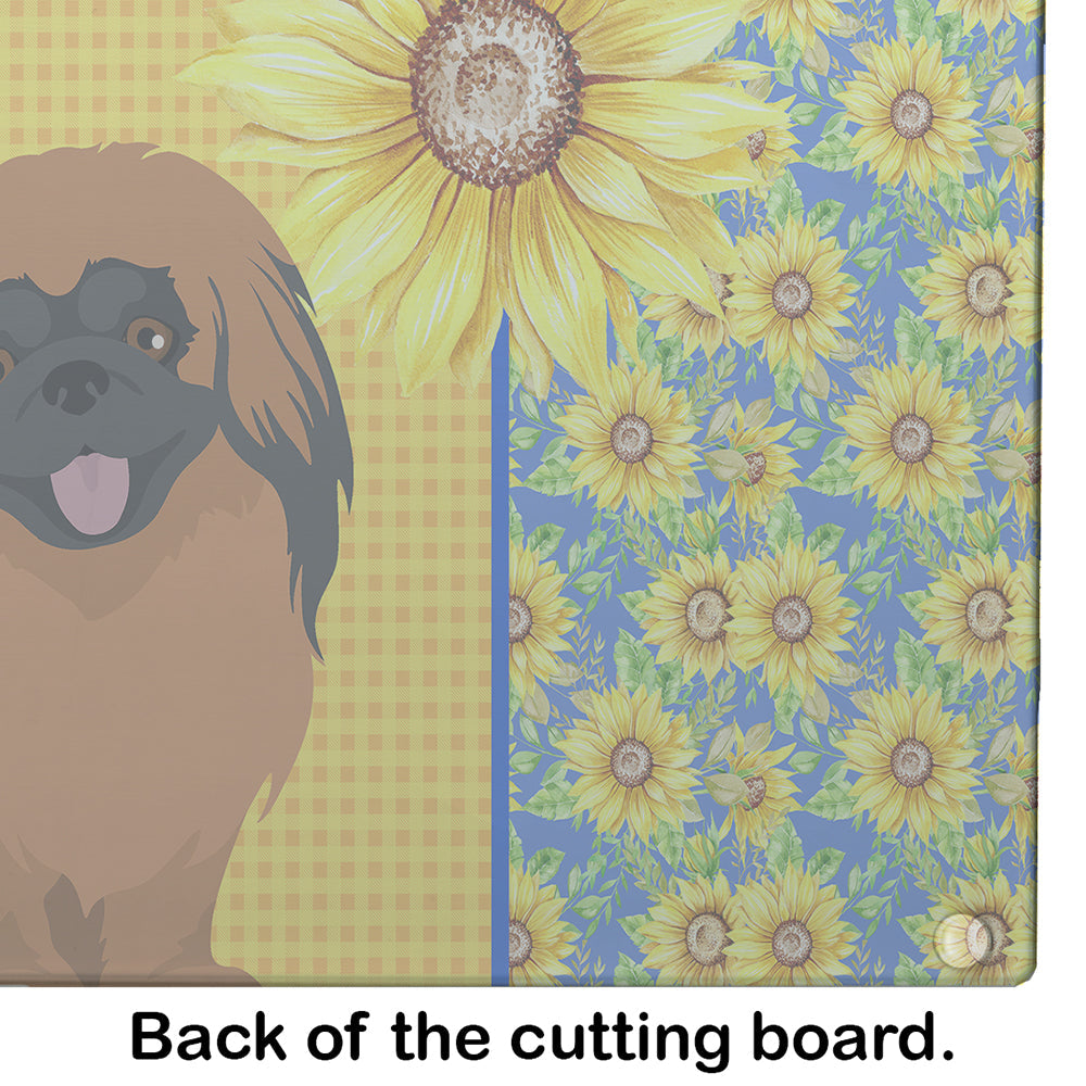 Summer Sunflowers Red Pekingese Cutting Board Tempered Glass Kitchen Cutting Surface, Heat Resistant Chopping, Non-Slip Feet, Food Prep & Serving
