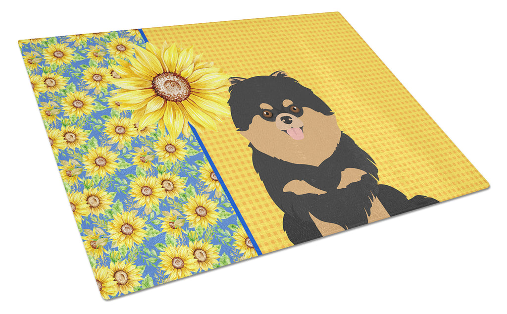Summer Sunflowers Black and Tan Pomeranian Cutting Board Tempered Glass Kitchen Cutting Surface, Heat Resistant Chopping, Non-Slip Feet, Food Prep & Serving