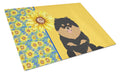 Summer Sunflowers Black and Tan Pomeranian Cutting Board Tempered Glass Kitchen Cutting Surface, Heat Resistant Chopping, Non-Slip Feet, Food Prep & Serving