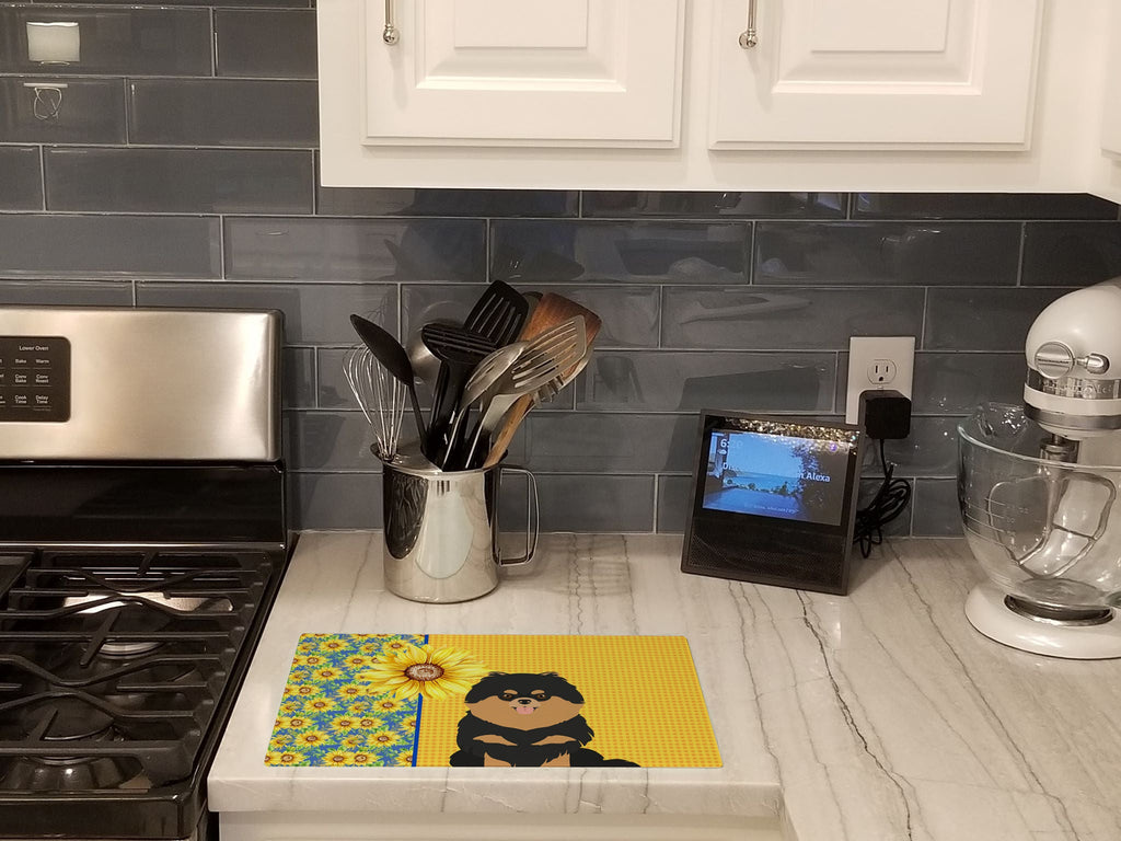 Summer Sunflowers Black and Tan Pomeranian Cutting Board Tempered Glass Kitchen Cutting Surface, Heat Resistant Chopping, Non-Slip Feet, Food Prep & Serving
