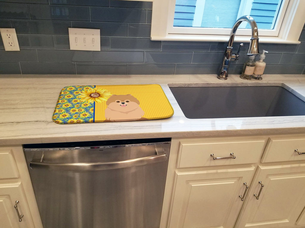 Summer Sunflowers Orange Pomeranian Dish Drying Mat Absorbent Dish Drying Mat Pad for Kitchen Counter Dish Drainer Mat for Countertop, 14 x 21", Multicolor