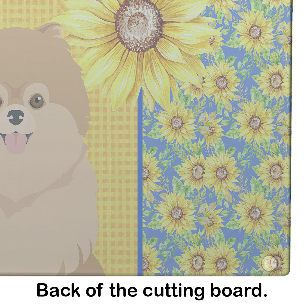 Summer Sunflowers Orange Pomeranian Cutting Board Tempered Glass Kitchen Cutting Surface, Heat Resistant Chopping, Non-Slip Feet, Food Prep & Serving