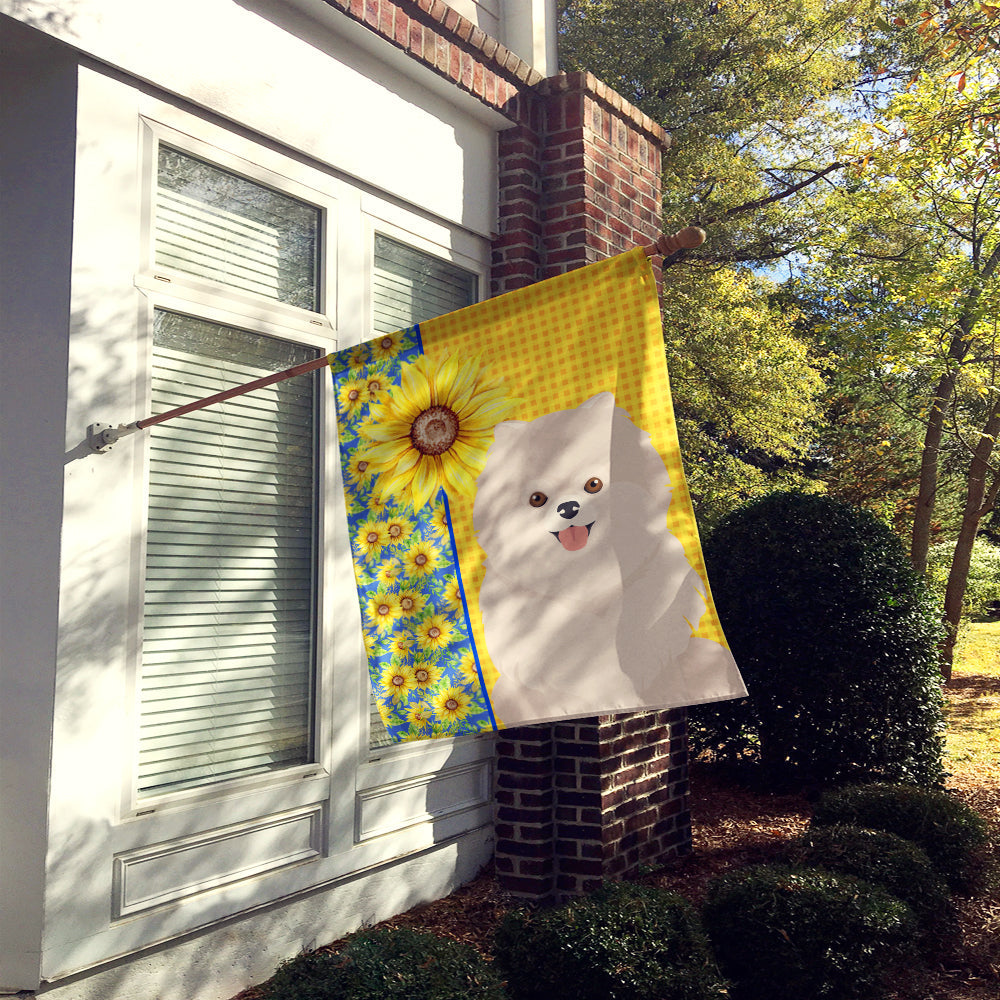 Summer Sunflowers White Pomeranian House Flag 28x40 Porch Sleeve Pole Decorative Outside Yard Banner Artwork Wall Hanging, Polyester