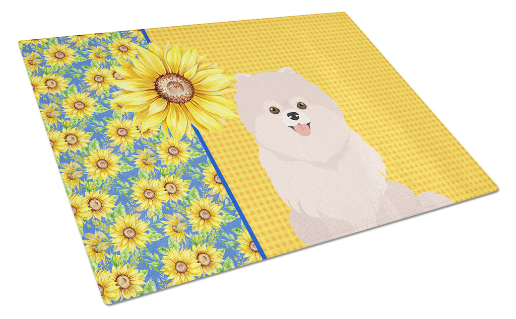 Summer Sunflowers White Pomeranian Cutting Board Tempered Glass Kitchen Cutting Surface, Heat Resistant Chopping, Non-Slip Feet, Food Prep & Serving