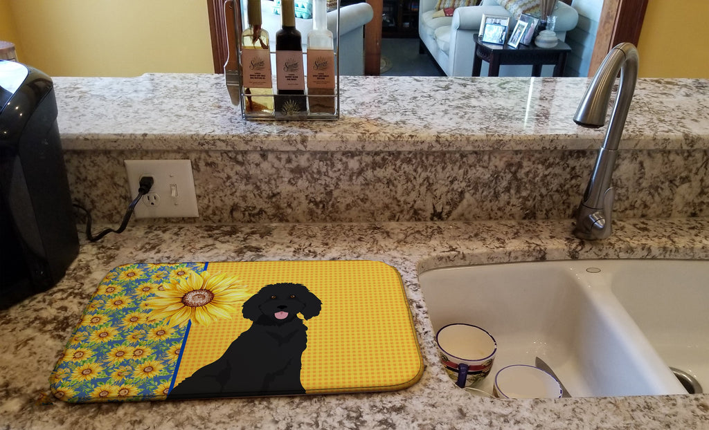 Summer Sunflowers Standard Black Poodle Dish Drying Mat Absorbent Dish Drying Mat Pad for Kitchen Counter Dish Drainer Mat for Countertop, 14 x 21", Multicolor