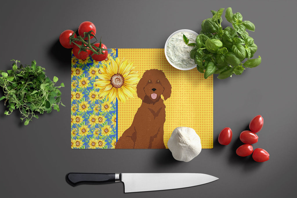 Summer Sunflowers Standard Red Poodle Cutting Board Tempered Glass Kitchen Cutting Surface, Heat Resistant Chopping, Non-Slip Feet, Food Prep & Serving