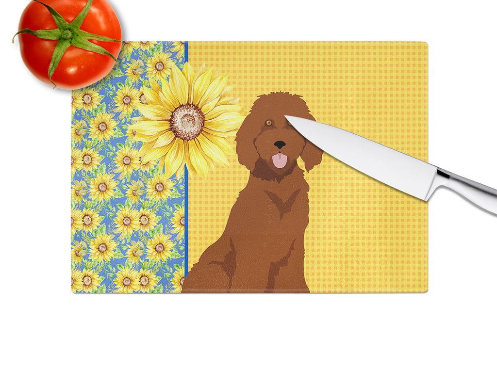Summer Sunflowers Standard Red Poodle Cutting Board Tempered Glass Kitchen Cutting Surface, Heat Resistant Chopping, Non-Slip Feet, Food Prep & Serving