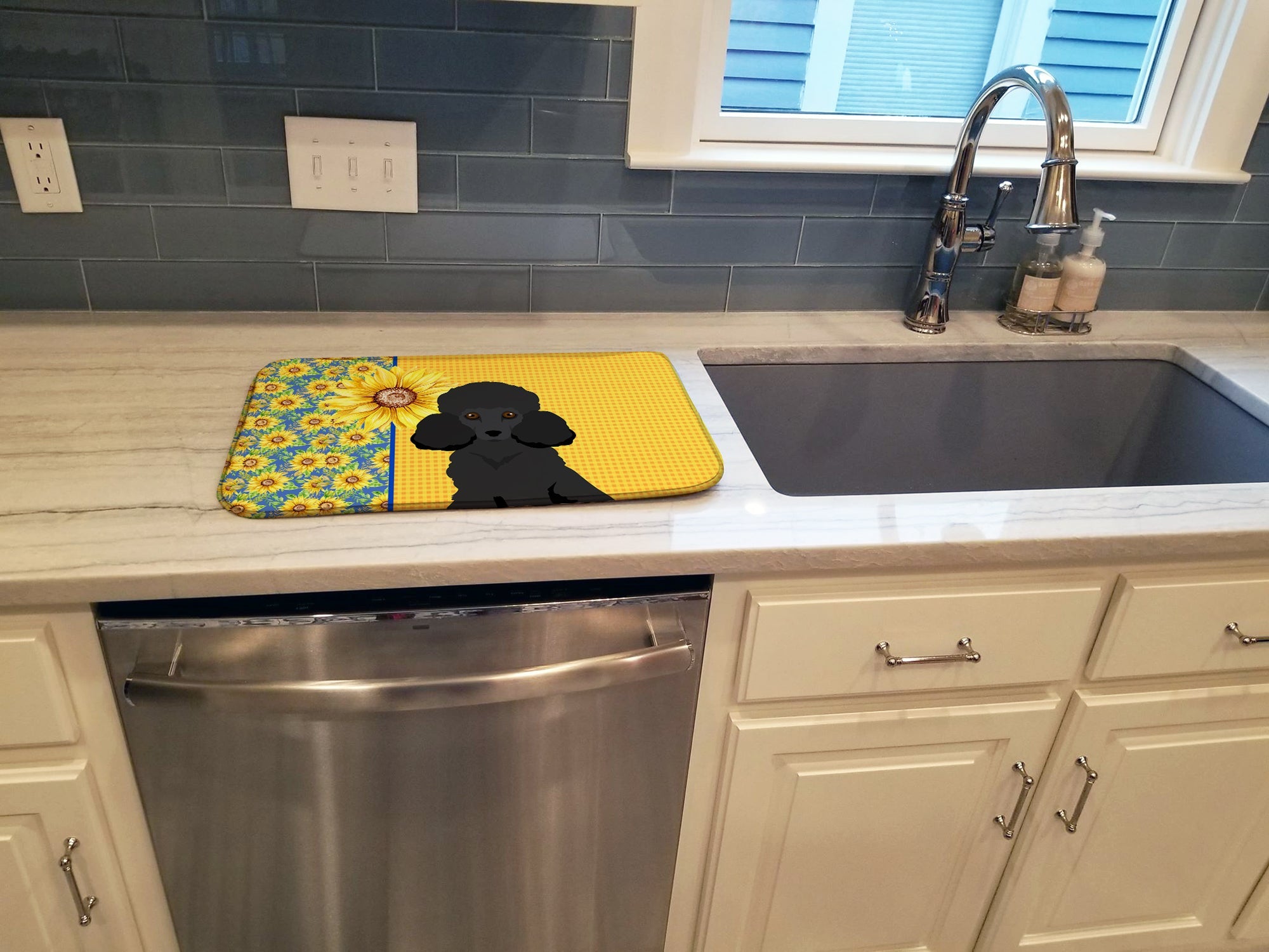 Summer Sunflowers Toy Black Poodle Dish Drying Mat Absorbent Dish Drying Mat Pad for Kitchen Counter Dish Drainer Mat for Countertop, 14 x 21", Multicolor