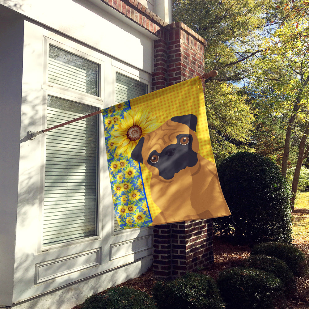 Summer Sunflowers Apricot Pug House Flag 28x40 Porch Sleeve Pole Decorative Outside Yard Banner Artwork Wall Hanging, Polyester