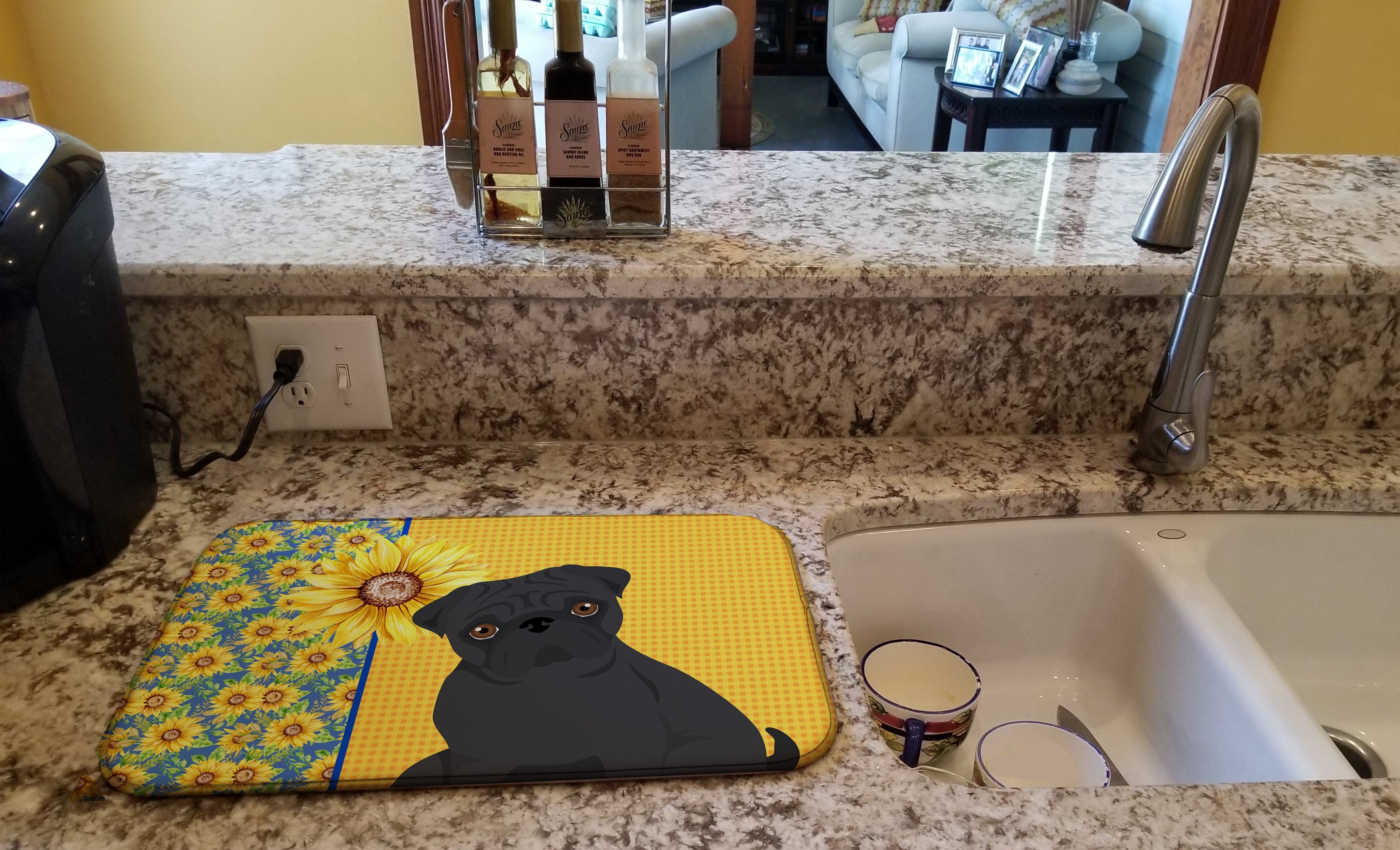 Summer Sunflowers Black Pug Dish Drying Mat Absorbent Dish Drying Mat Pad for Kitchen Counter Dish Drainer Mat for Countertop, 14 x 21", Multicolor
