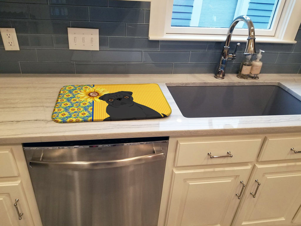 Summer Sunflowers Black Pug Dish Drying Mat Absorbent Dish Drying Mat Pad for Kitchen Counter Dish Drainer Mat for Countertop, 14 x 21", Multicolor