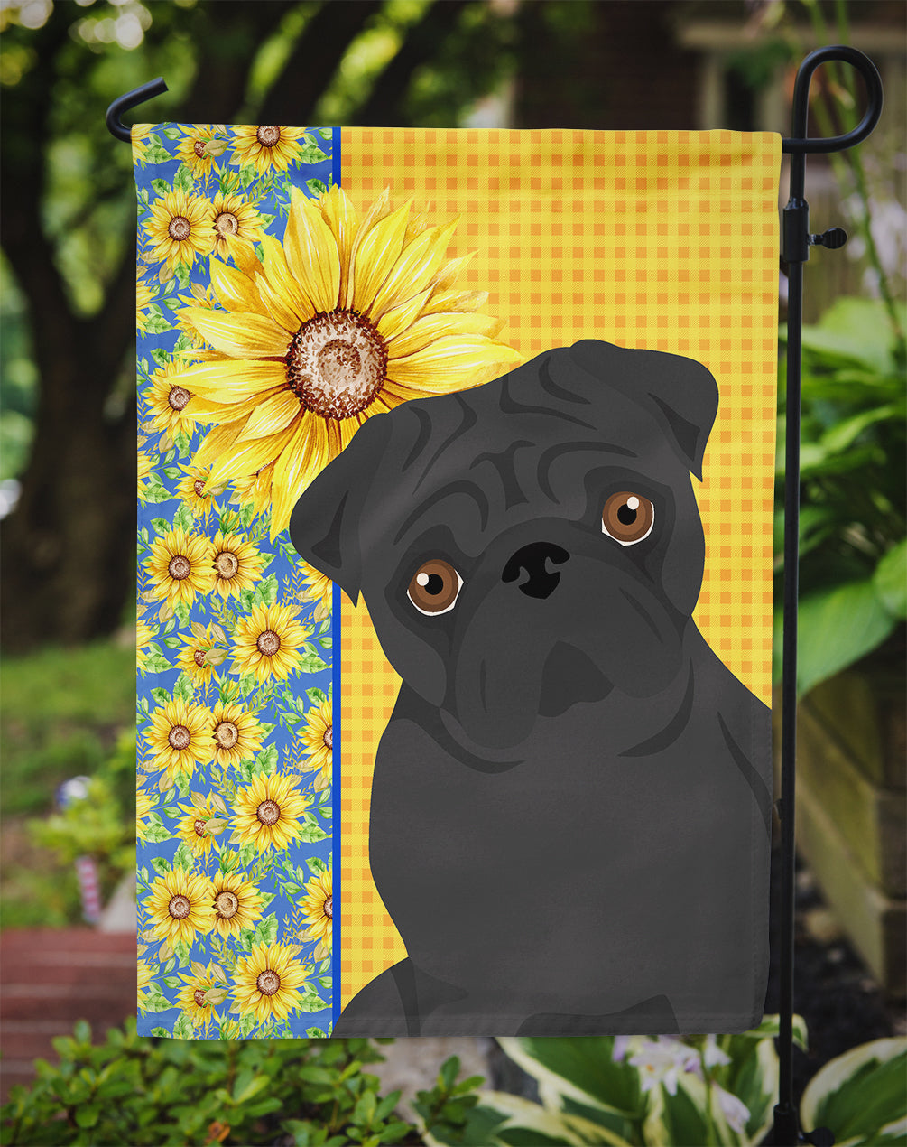Summer Sunflowers Black Pug Garden Flag Mailbox Decorative Yard Banner Outside Patio Artwork for Flower Beds, Garden Size, Multicolor