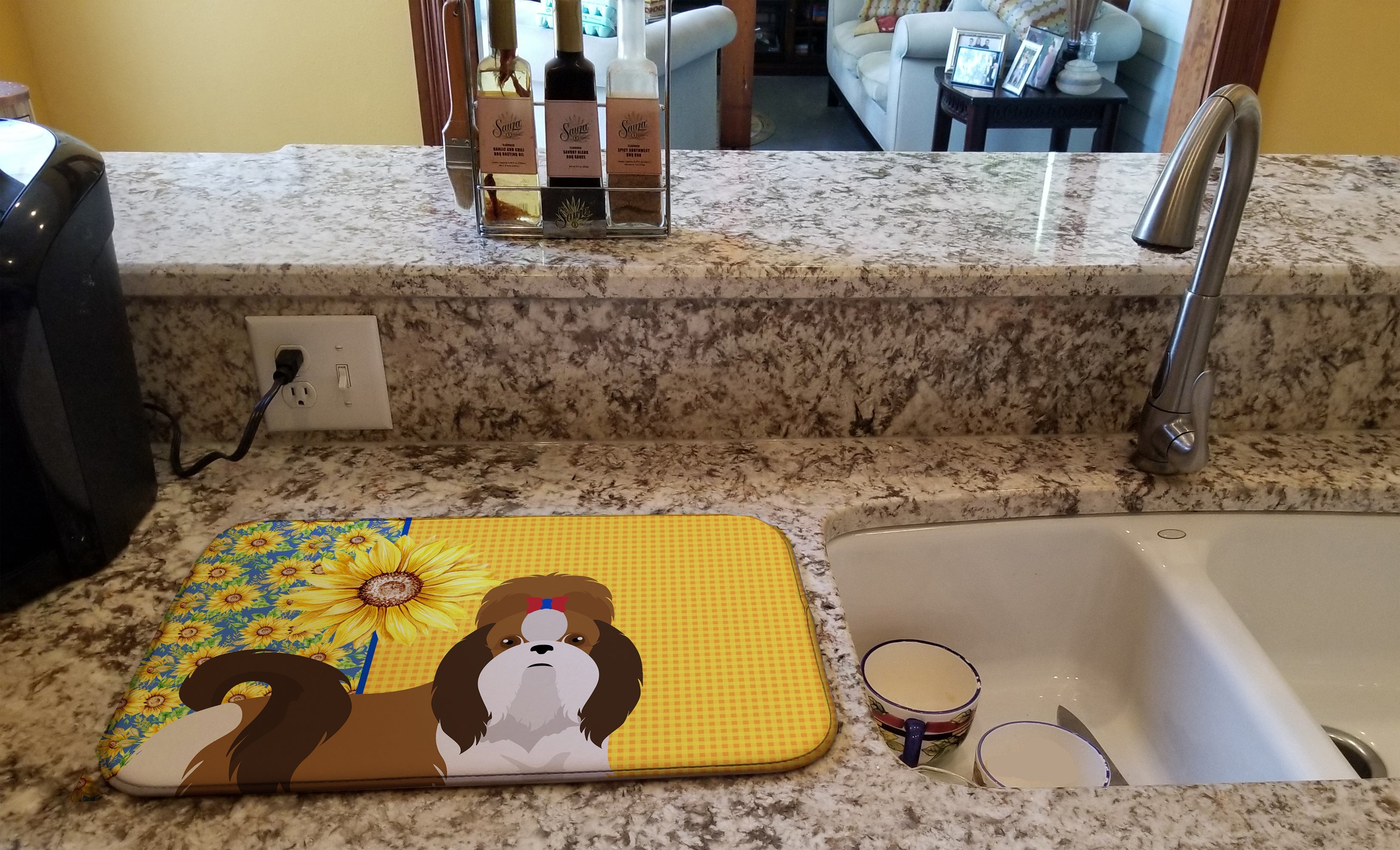 Summer Sunflowers Red and White Shih Tzu Dish Drying Mat Absorbent Dish Drying Mat Pad for Kitchen Counter Dish Drainer Mat for Countertop, 14 x 21", Multicolor