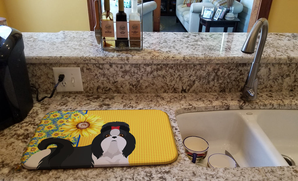 Summer Sunflowers Black and White Shih Tzu Dish Drying Mat Absorbent Dish Drying Mat Pad for Kitchen Counter Dish Drainer Mat for Countertop, 14 x 21", Multicolor