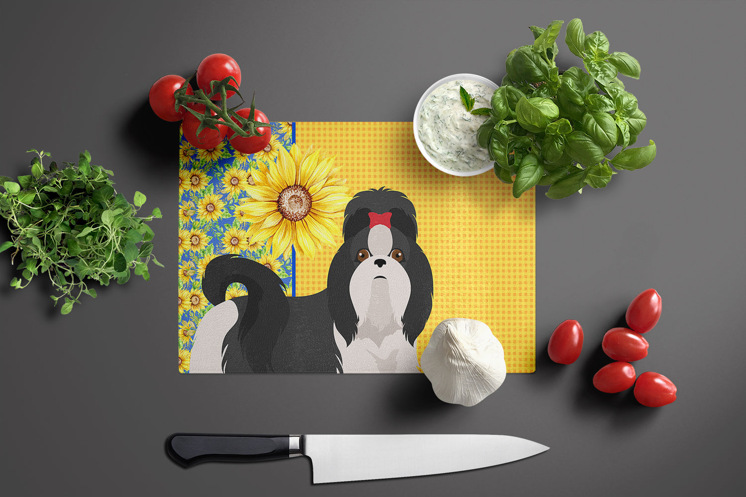 Summer Sunflowers Black and White Shih Tzu Cutting Board Tempered Glass Kitchen Cutting Surface, Heat Resistant Chopping, Non-Slip Feet, Food Prep & Serving