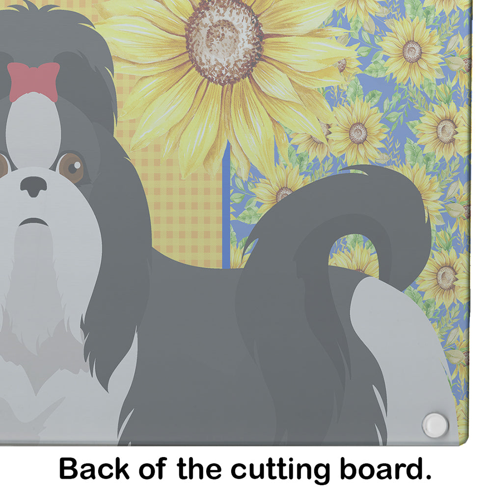 Summer Sunflowers Black and White Shih Tzu Cutting Board Tempered Glass Kitchen Cutting Surface, Heat Resistant Chopping, Non-Slip Feet, Food Prep & Serving