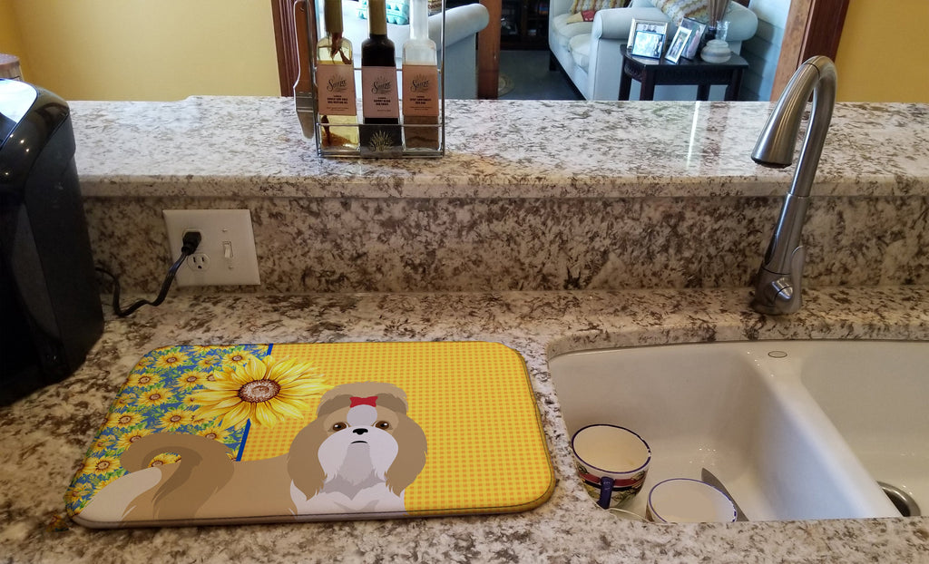 Summer Sunflowers Gold and White Shih Tzu Dish Drying Mat Absorbent Dish Drying Mat Pad for Kitchen Counter Dish Drainer Mat for Countertop, 14 x 21", Multicolor