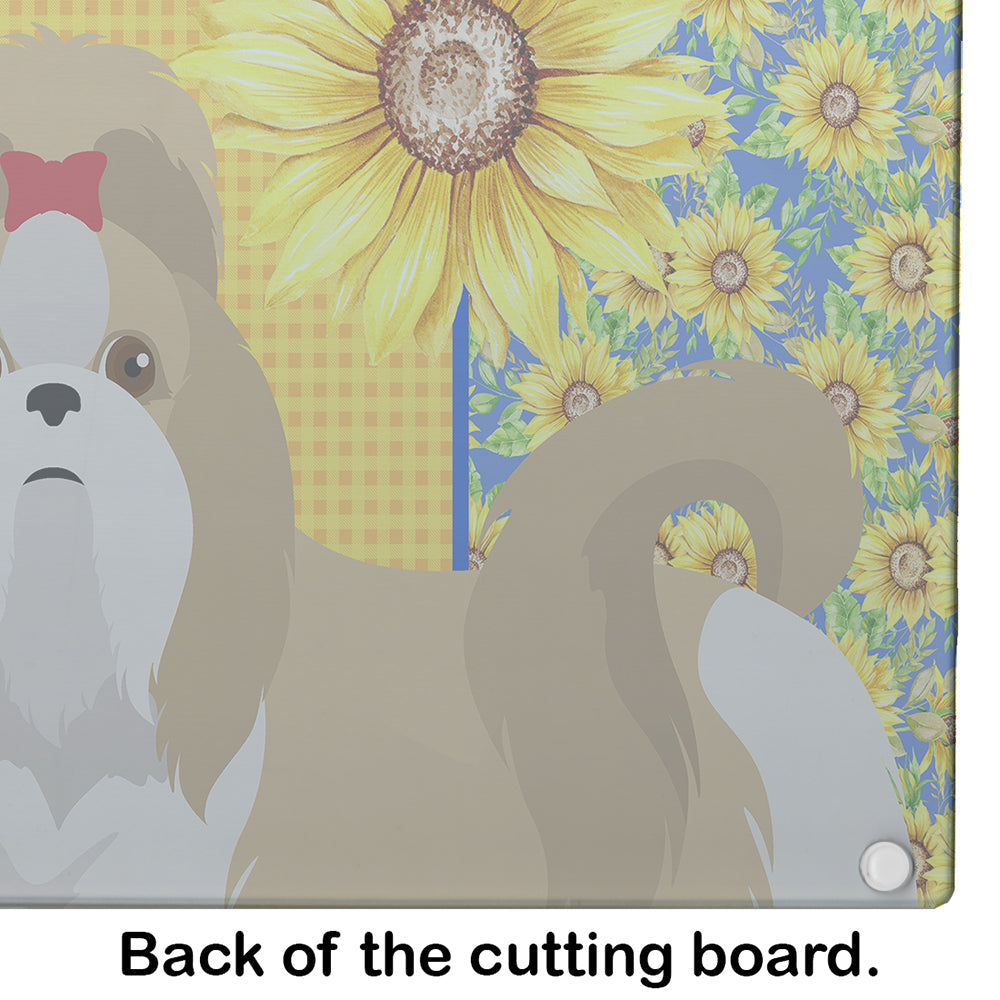 Summer Sunflowers Gold and White Shih Tzu Cutting Board Tempered Glass Kitchen Cutting Surface, Heat Resistant Chopping, Non-Slip Feet, Food Prep & Serving
