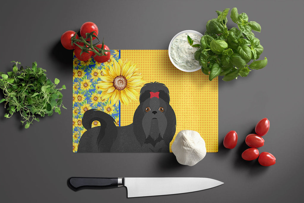 Summer Sunflowers Black Shih Tzu Cutting Board Tempered Glass Kitchen Cutting Surface, Heat Resistant Chopping, Non-Slip Feet, Food Prep & Serving