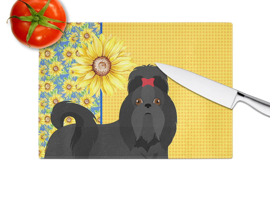 Summer Sunflowers Black Shih Tzu Cutting Board Tempered Glass Kitchen Cutting Surface, Heat Resistant Chopping, Non-Slip Feet, Food Prep & Serving