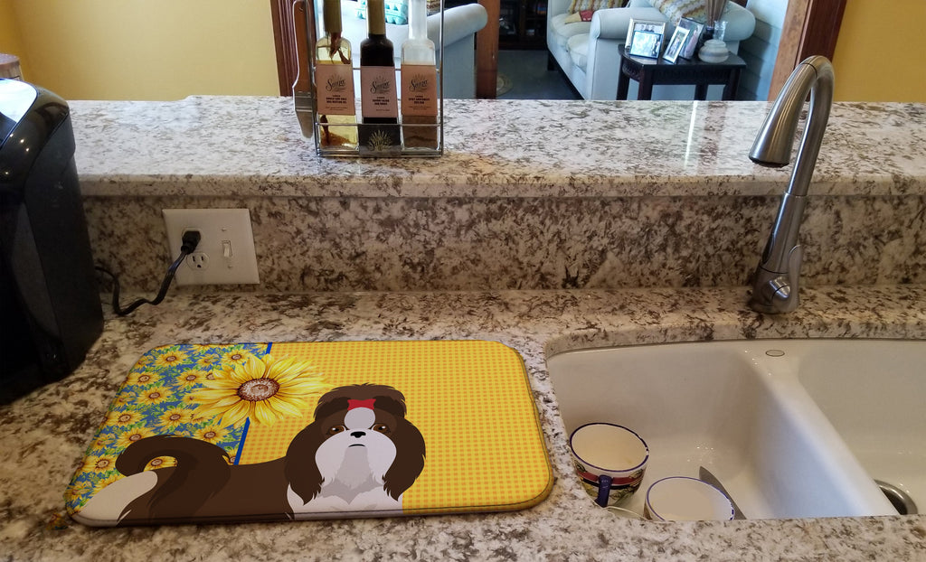 Summer Sunflowers Liver and White Shih Tzu Dish Drying Mat Absorbent Dish Drying Mat Pad for Kitchen Counter Dish Drainer Mat for Countertop, 14 x 21", Multicolor